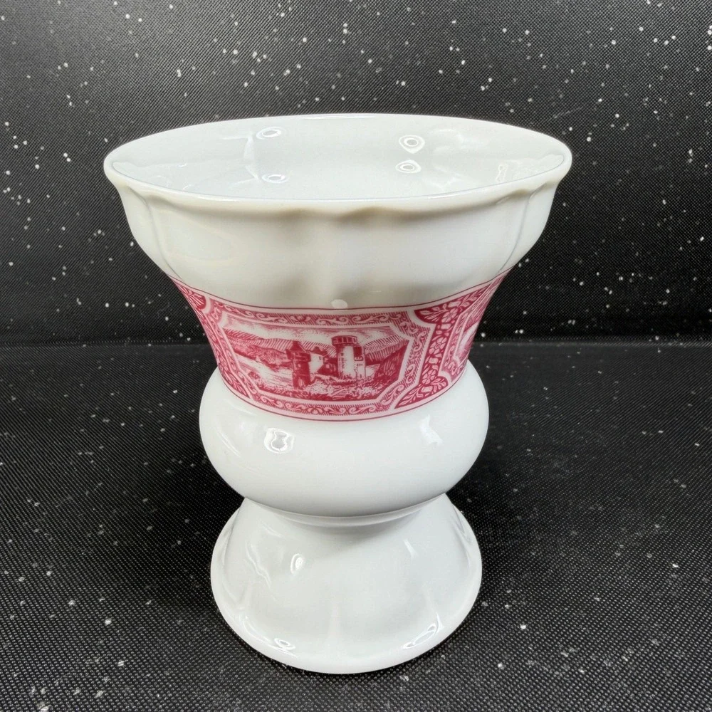 Heinrich Germany Porcelain Vase Pink White Scenic Transferware Castle 4.5 Inch